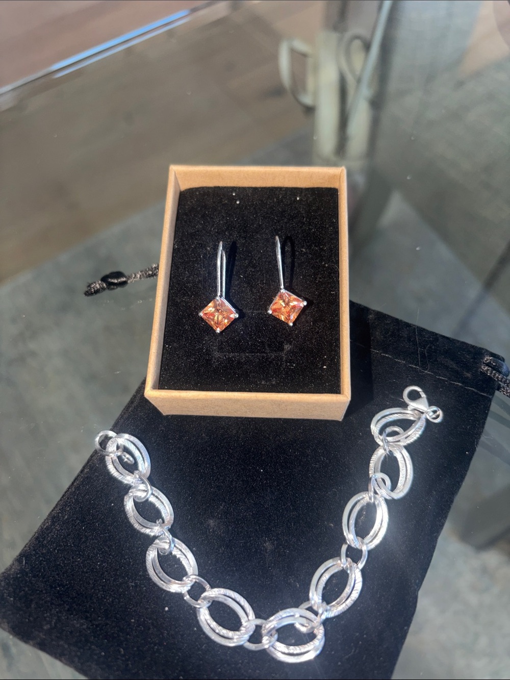 Silver  925 Link Bracelet and Orange Square Drop Earrings Set